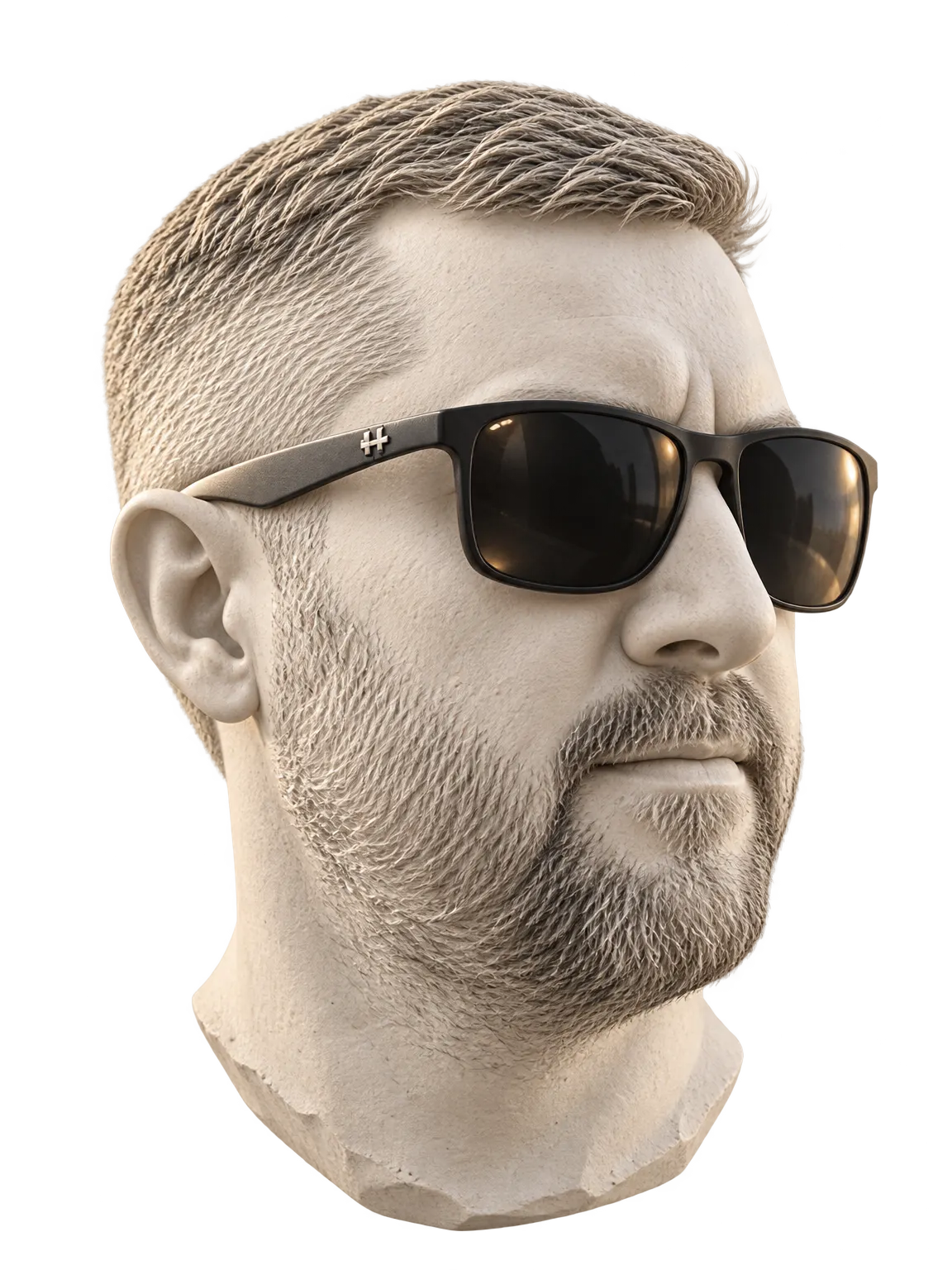 A sculpted digital portrait of Nick Bubelich wearing sunglasses